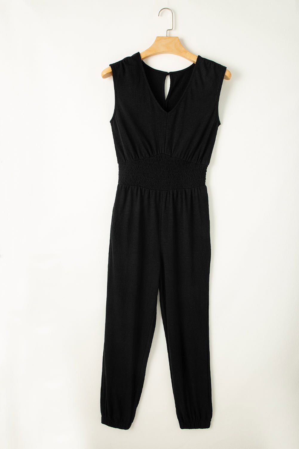 Black Shirred High Waist V Neck Sleeveless Jumpsuit - Vesteeto