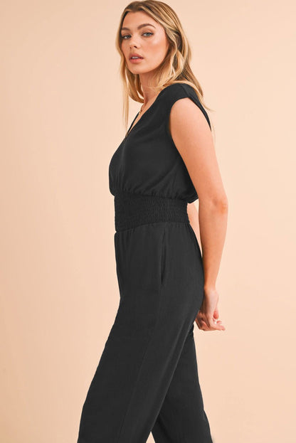 Black Shirred High Waist V Neck Sleeveless Jumpsuit - Vesteeto