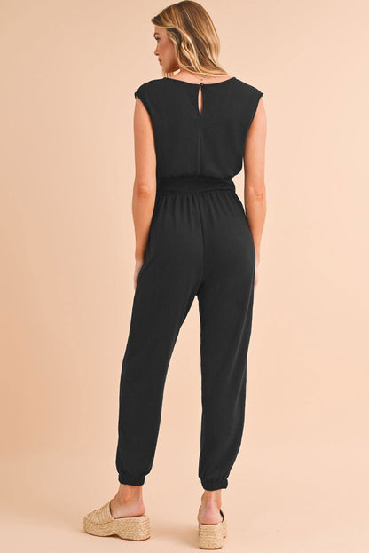 Black Shirred High Waist V Neck Sleeveless Jumpsuit - Vesteeto