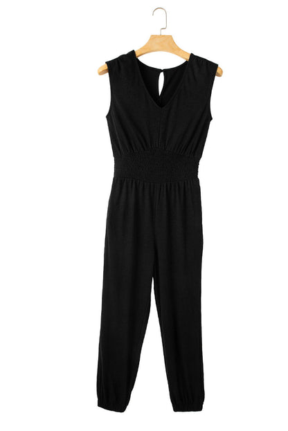 Black Shirred High Waist V Neck Sleeveless Jumpsuit - Vesteeto