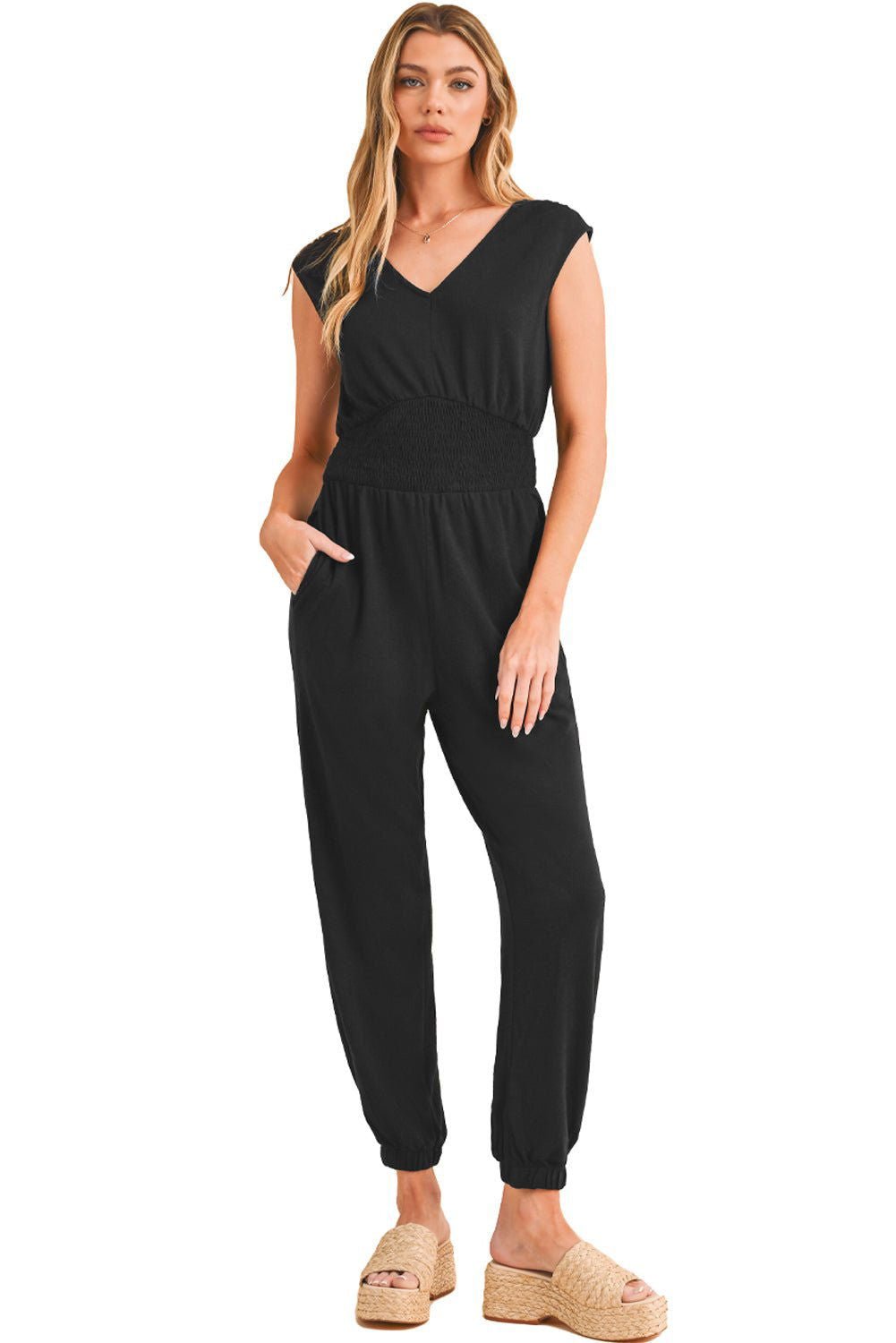 Black Shirred High Waist V Neck Sleeveless Jumpsuit - Vesteeto