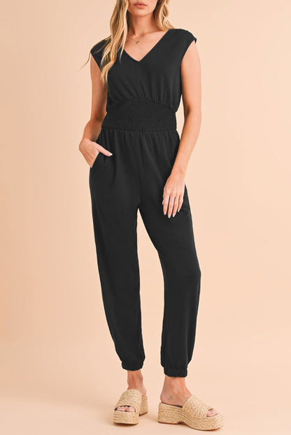 Black Shirred High Waist V Neck Sleeveless Jumpsuit - Vesteeto