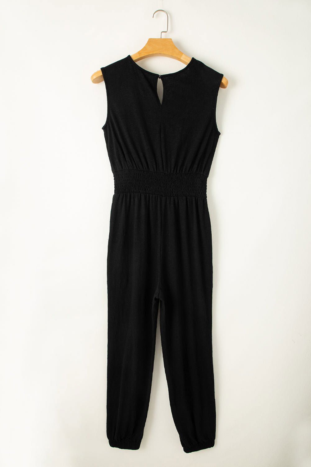 Black Shirred High Waist V Neck Sleeveless Jumpsuit - Vesteeto