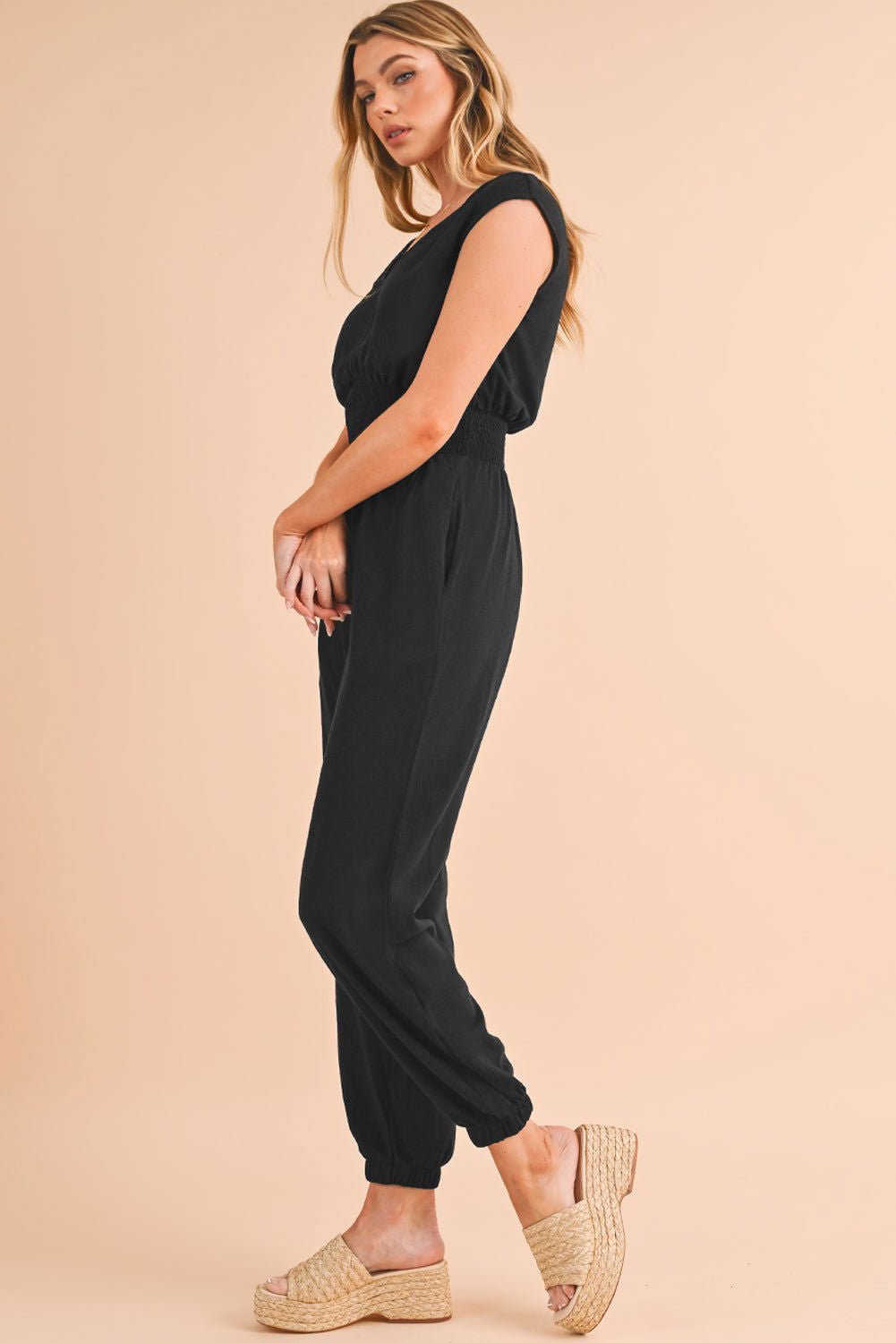 Black Shirred High Waist V Neck Sleeveless Jumpsuit - Vesteeto