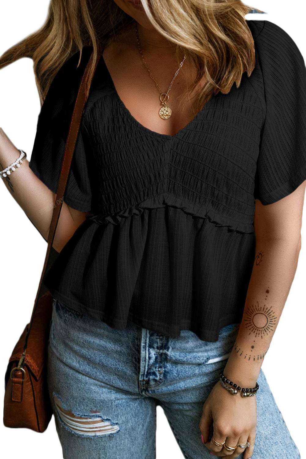 Black Shirred V Neck Short Flutter Sleeve Textured Blouse - Vesteeto