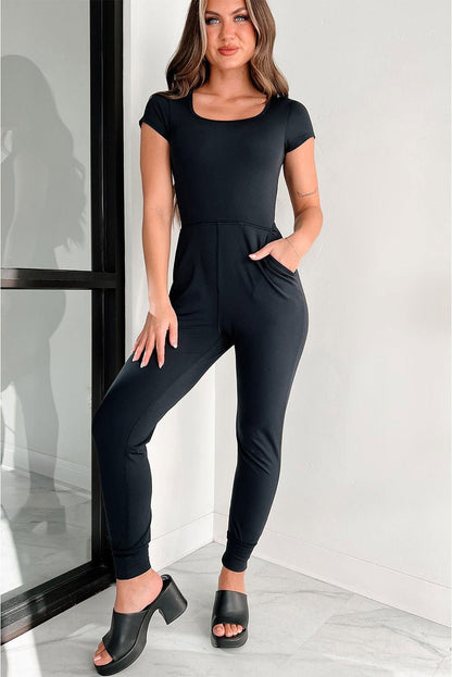 Black Short Sleeve Pocketed Athleisure Jogger Jumpsuit - Vesteeto