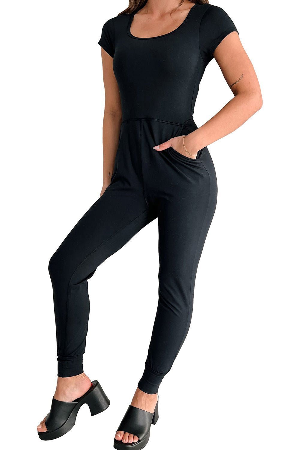 Black Short Sleeve Pocketed Athleisure Jogger Jumpsuit - Vesteeto