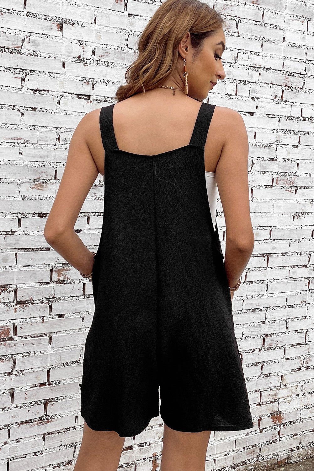 Black Shoulder Strap Pocket Textured Romper - Vesteeto