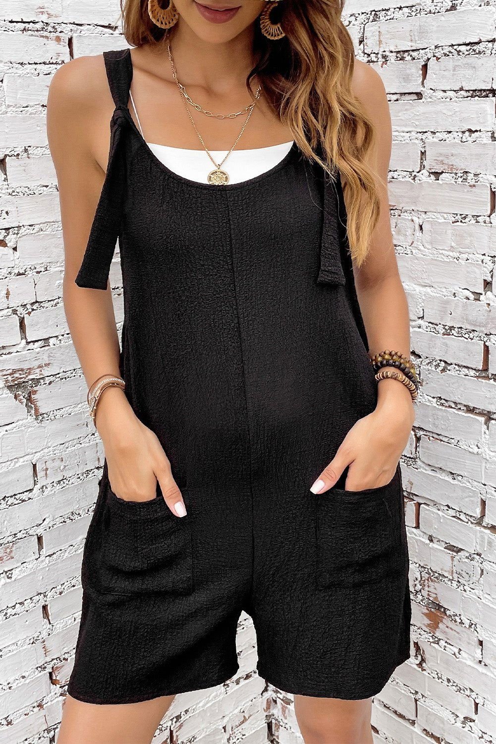 Black Shoulder Strap Pocket Textured Romper - Vesteeto