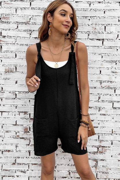 Black Shoulder Strap Pocket Textured Romper - Vesteeto