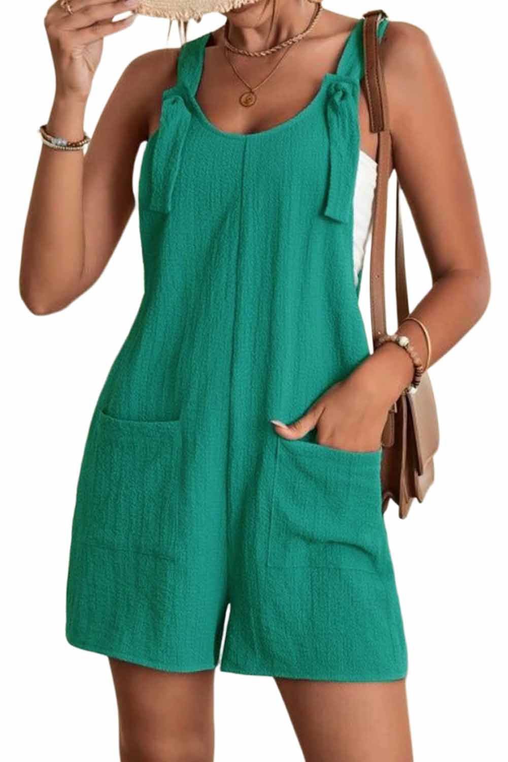 Black Shoulder Strap Pocket Textured Romper - Vesteeto