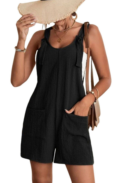 Black Shoulder Strap Pocket Textured Romper - Vesteeto