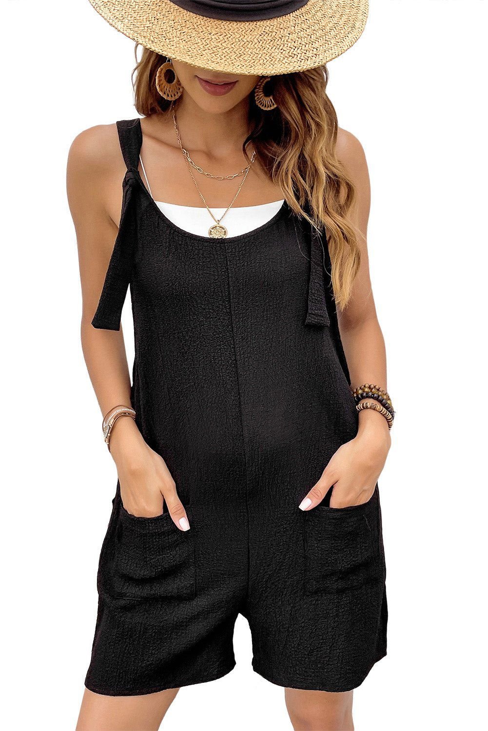 Black Shoulder Strap Pocket Textured Romper - Vesteeto