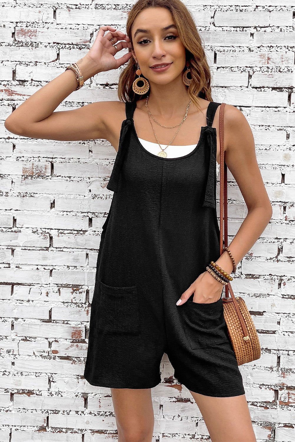 Black Shoulder Strap Pocket Textured Romper - Vesteeto