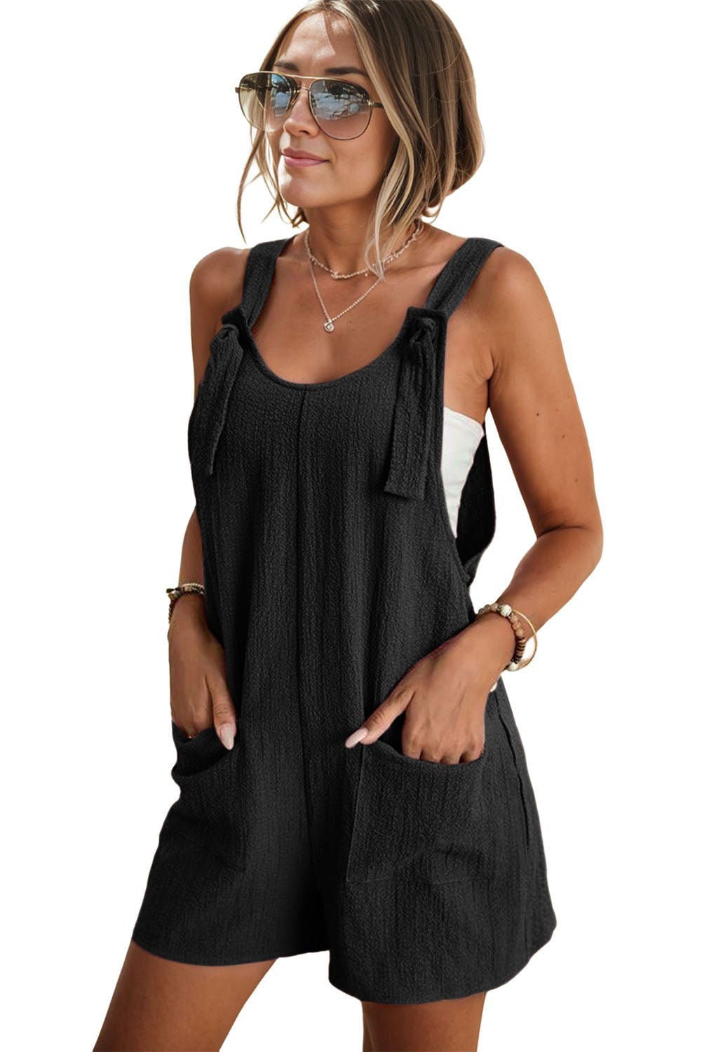 Black Shoulder Strap Pocket Textured Romper - Vesteeto