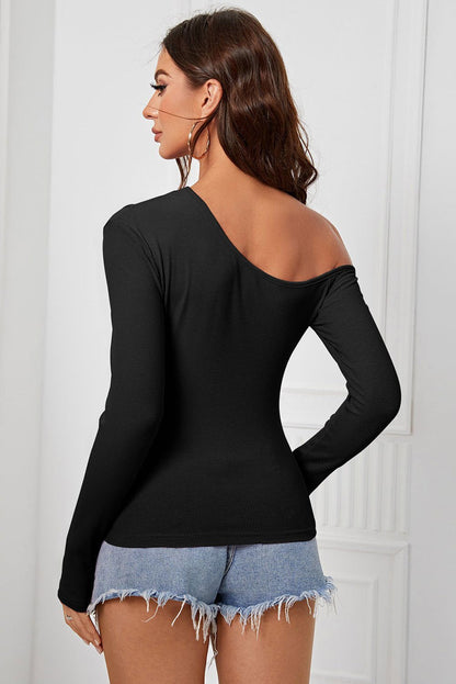 Black Slanted Shoulder Long Sleeve Irregular Knit Blouse - Vesteeto