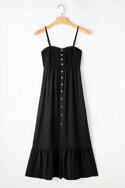 Black Smocked Button Pocketed Spaghetti Strap Maxi Dress - Vesteeto