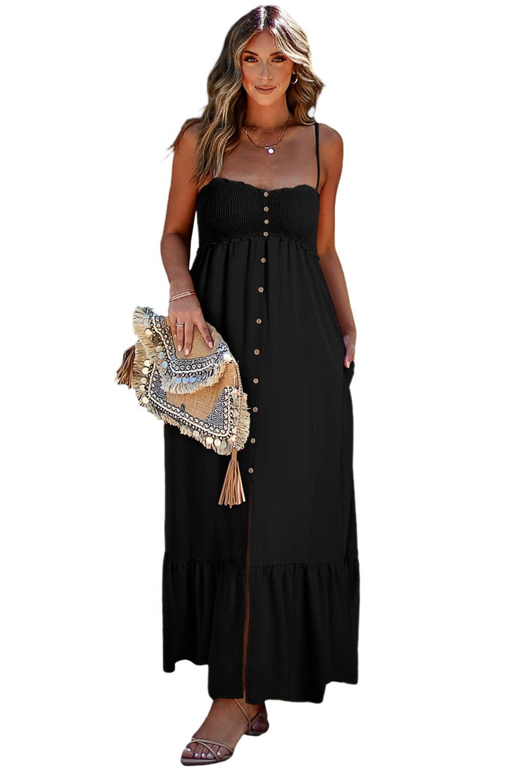 Black Smocked Button Pocketed Spaghetti Strap Maxi Dress - Vesteeto