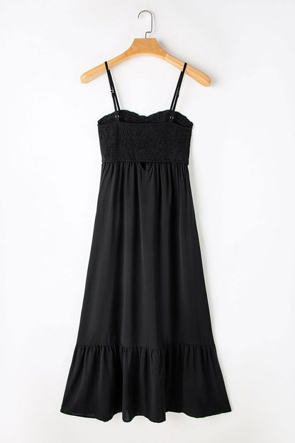 Black Smocked Button Pocketed Spaghetti Strap Maxi Dress - Vesteeto