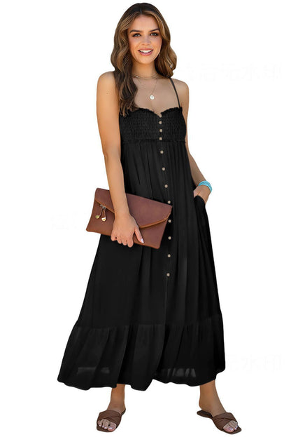 Black Smocked Button Pocketed Spaghetti Strap Maxi Dress - Vesteeto