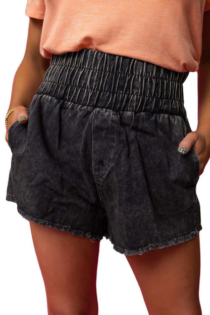 Black Smocked High Waist Mineral Washed Jean Shorts - Vesteeto