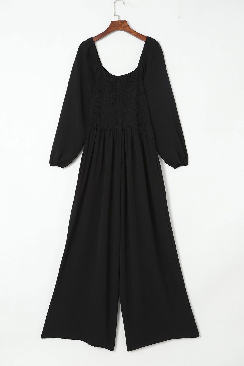 Black Smocked Square Neck Long Sleeve Wide Leg Jumpsuit - Vesteeto