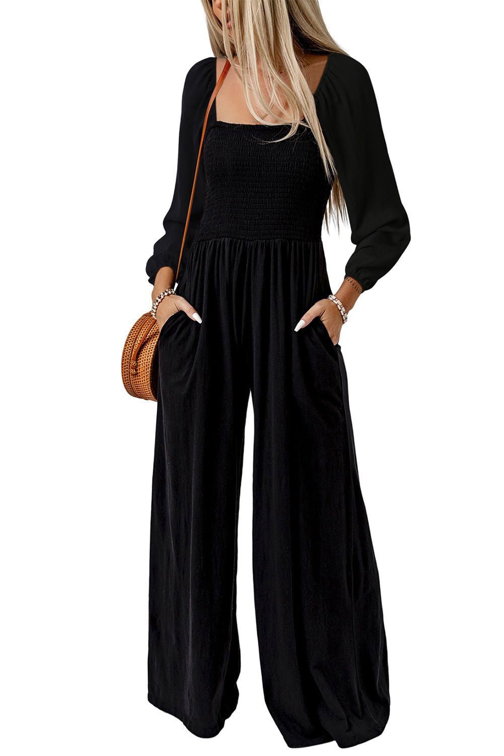 Black Smocked Square Neck Long Sleeve Wide Leg Jumpsuit - Vesteeto