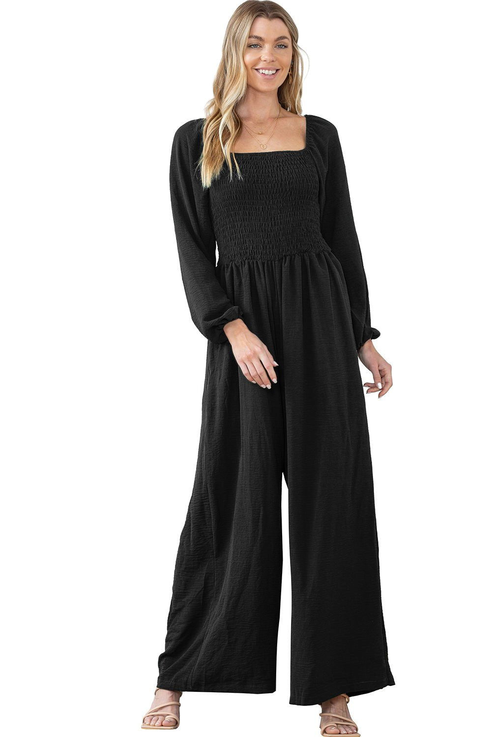 Black Smocked Square Neck Long Sleeve Wide Leg Jumpsuit - Vesteeto