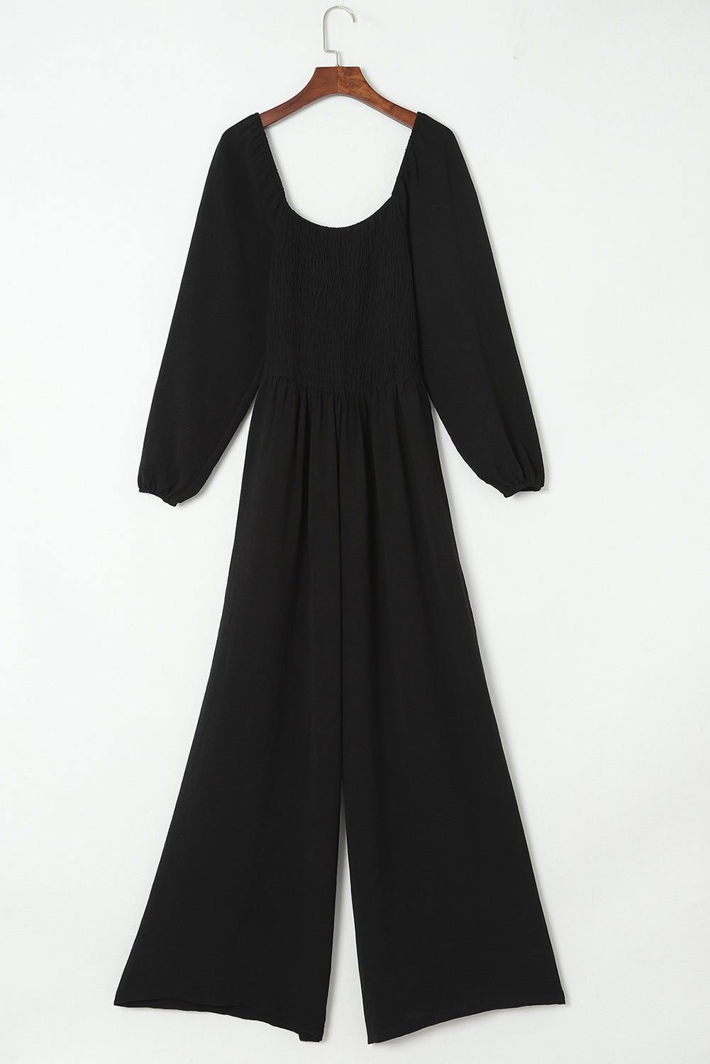 Black Smocked Square Neck Long Sleeve Wide Leg Jumpsuit - Vesteeto