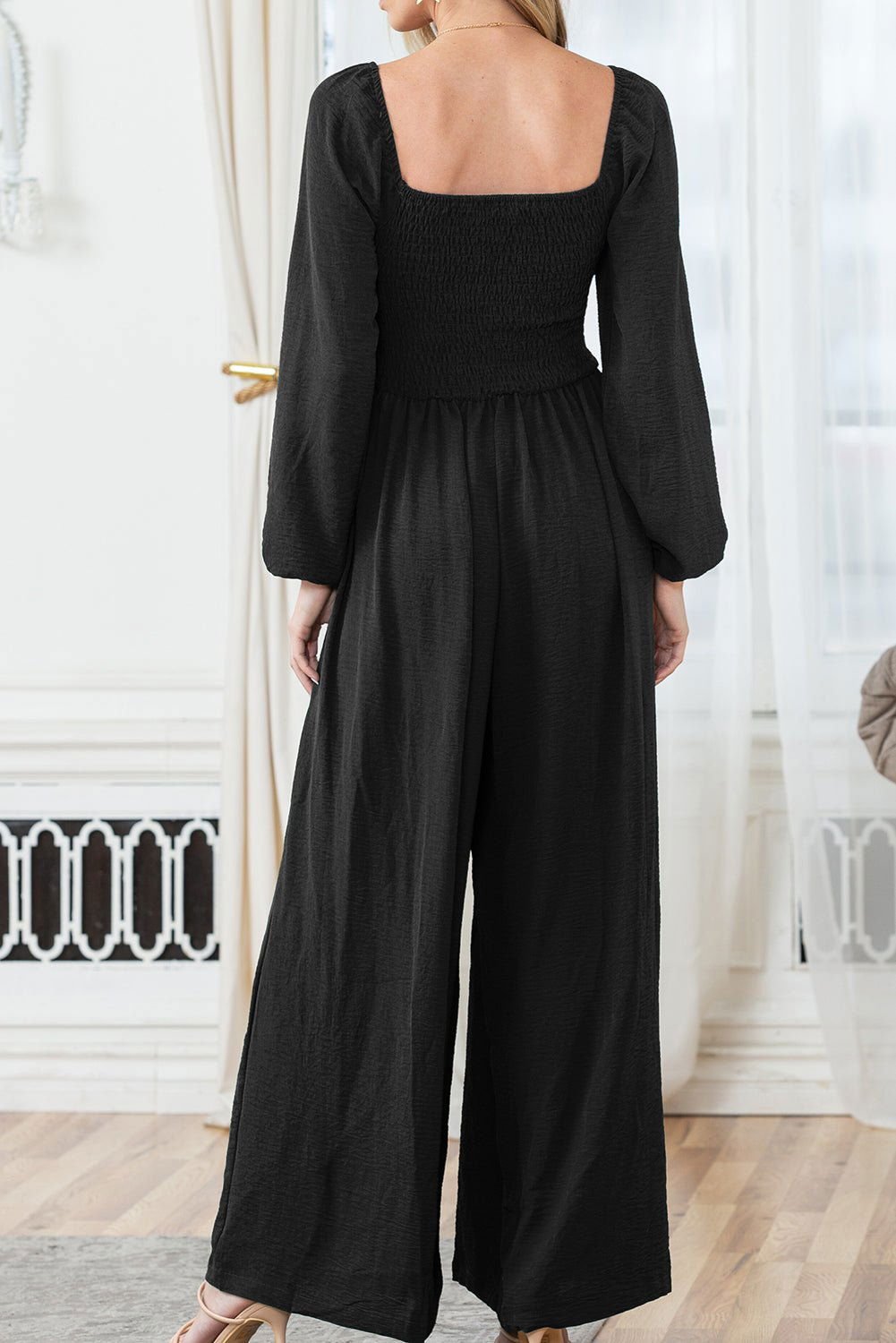 Black Smocked Square Neck Long Sleeve Wide Leg Jumpsuit - Vesteeto