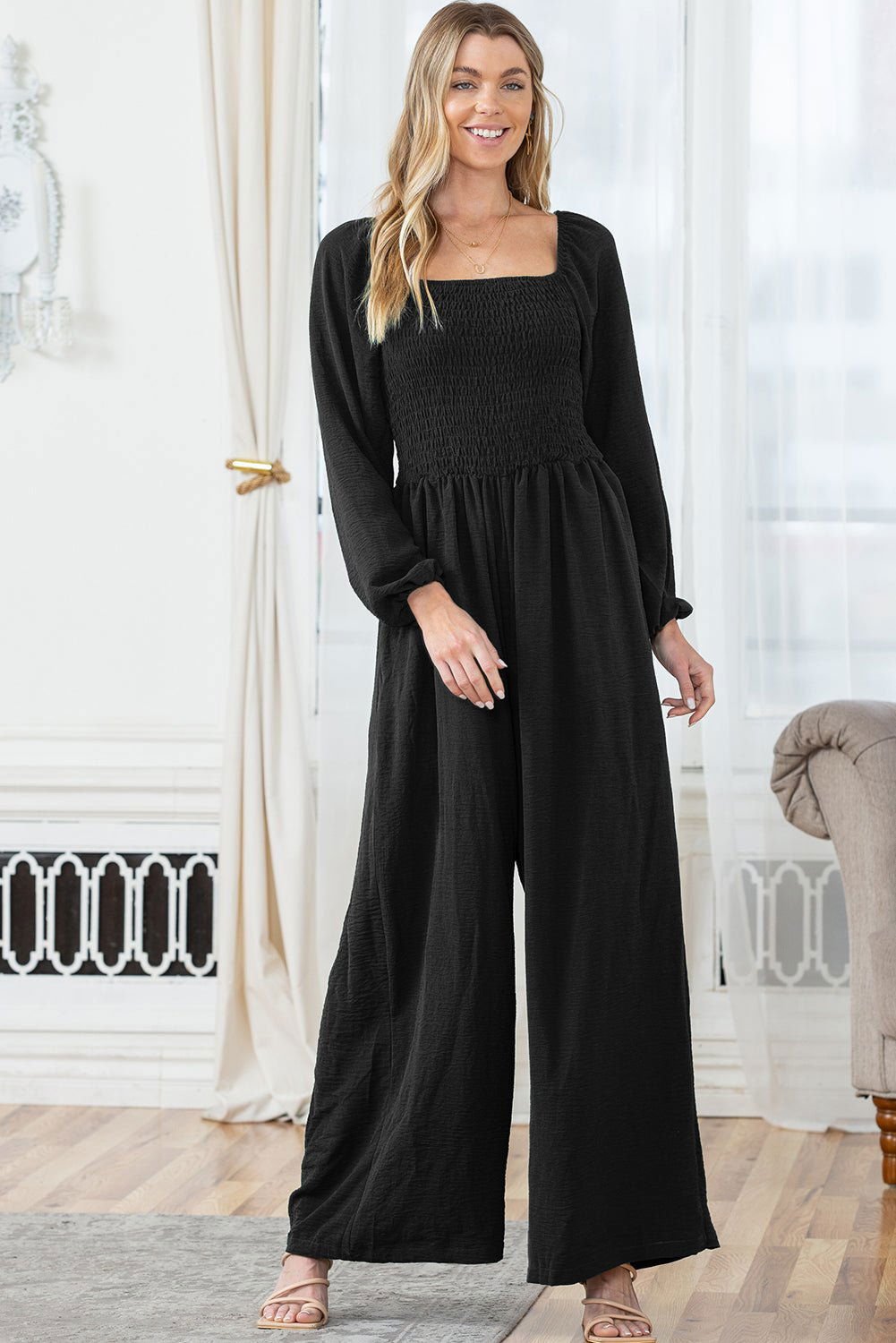 Black Smocked Square Neck Long Sleeve Wide Leg Jumpsuit - Vesteeto