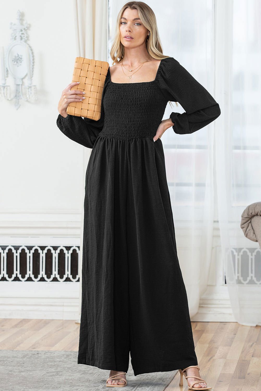 Black Smocked Square Neck Long Sleeve Wide Leg Jumpsuit - Vesteeto