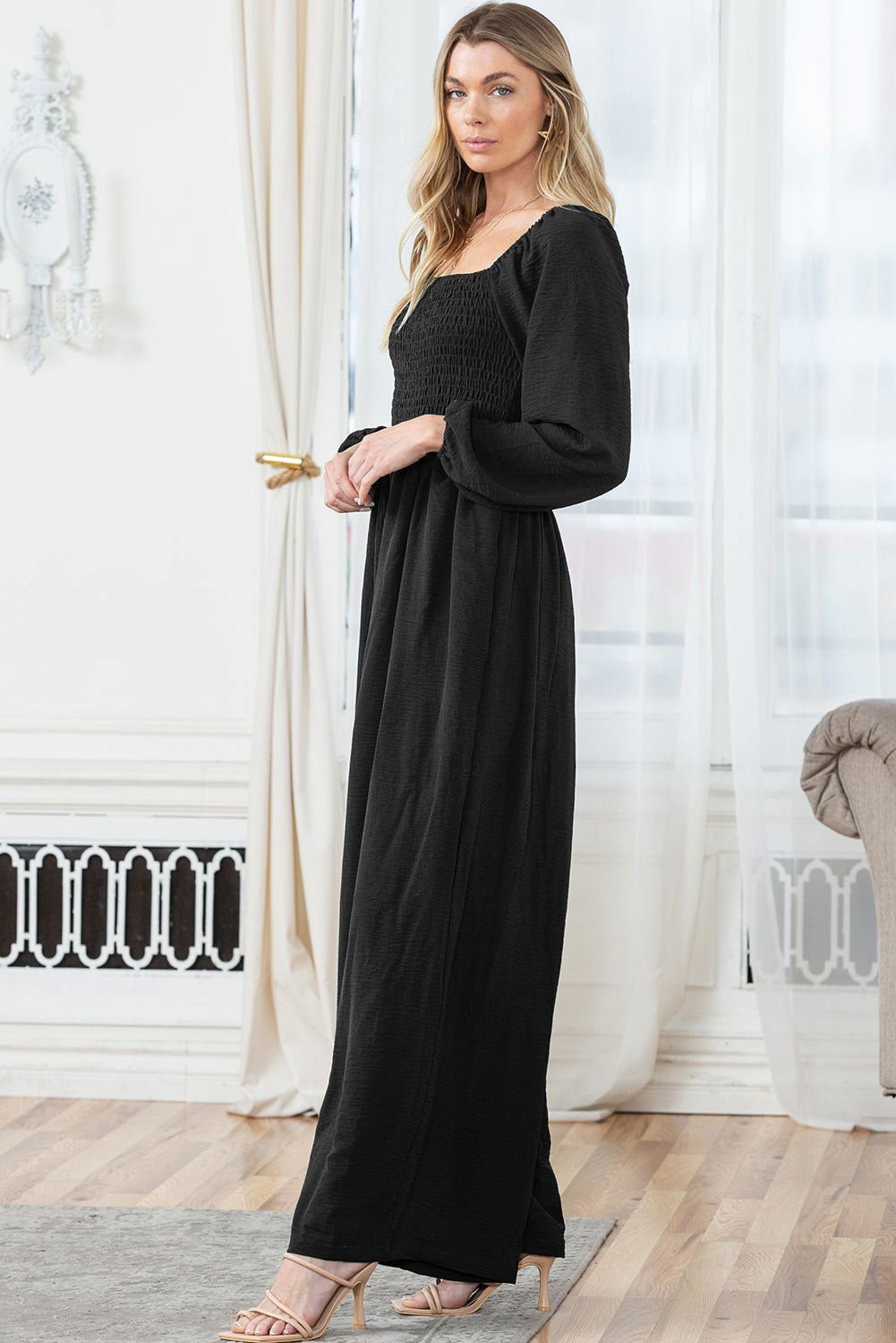 Black Smocked Square Neck Long Sleeve Wide Leg Jumpsuit - Vesteeto