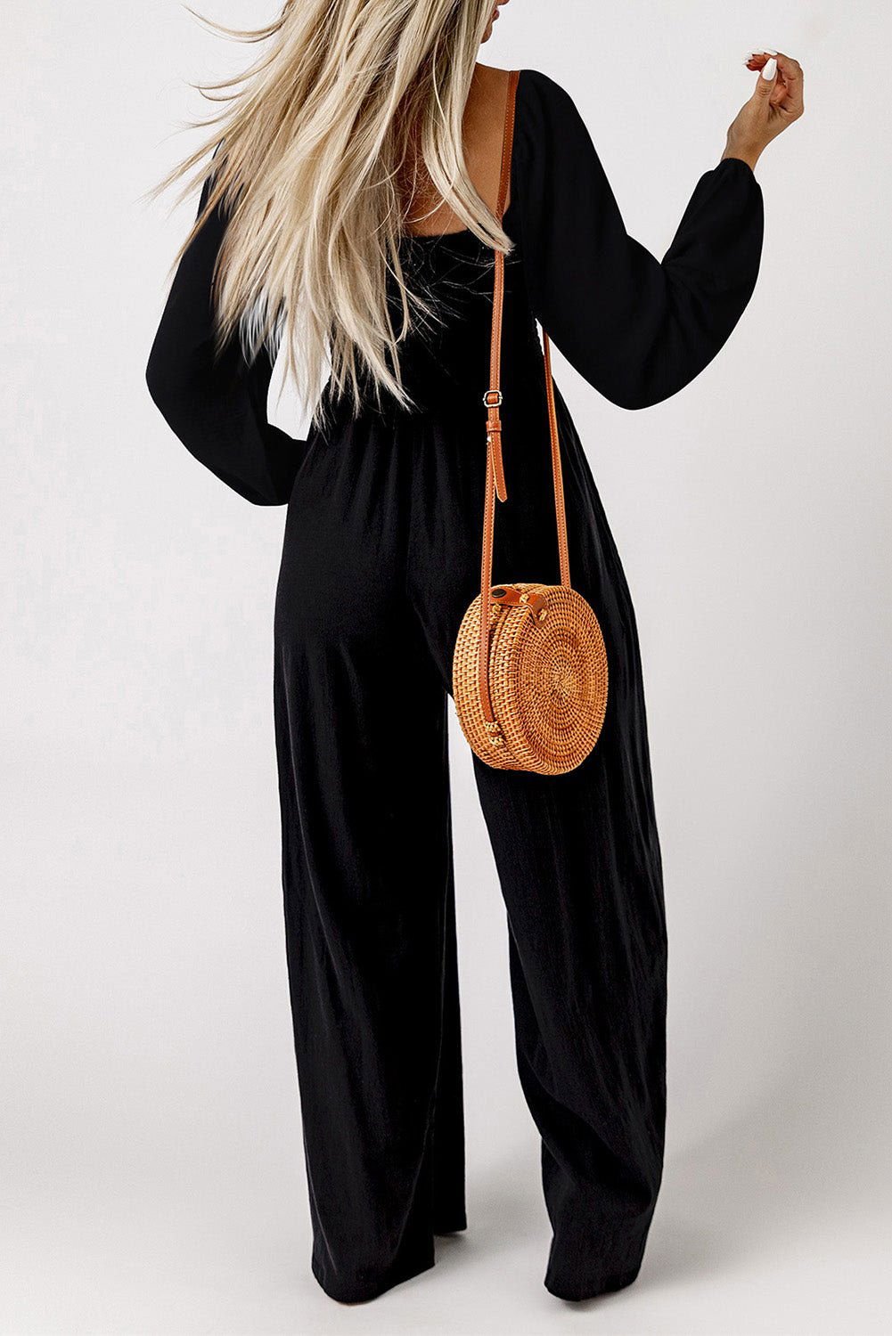 Black Smocked Square Neck Long Sleeve Wide Leg Jumpsuit - Vesteeto