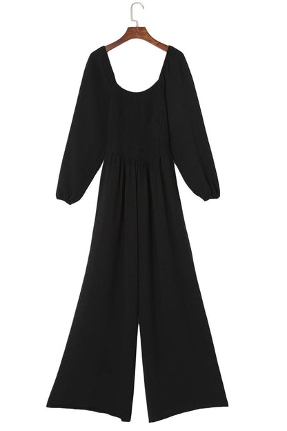 Black Smocked Square Neck Long Sleeve Wide Leg Jumpsuit - Vesteeto