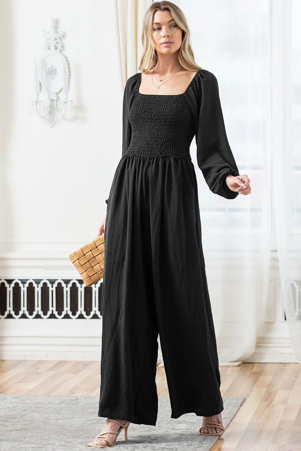 Black Smocked Square Neck Long Sleeve Wide Leg Jumpsuit - Vesteeto