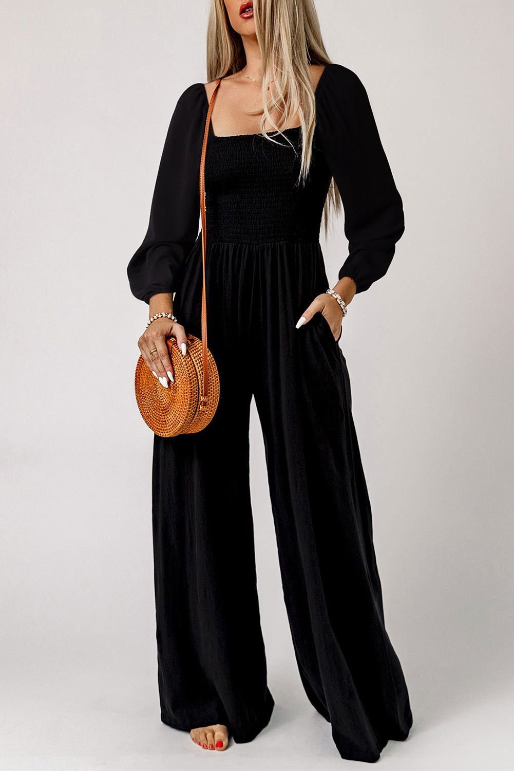 Black Smocked Square Neck Long Sleeve Wide Leg Jumpsuit - Vesteeto