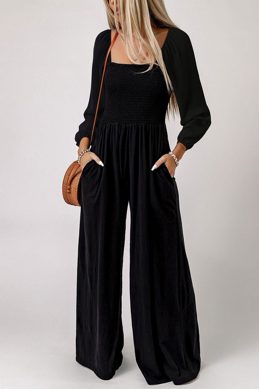 Black Smocked Square Neck Long Sleeve Wide Leg Jumpsuit - Vesteeto