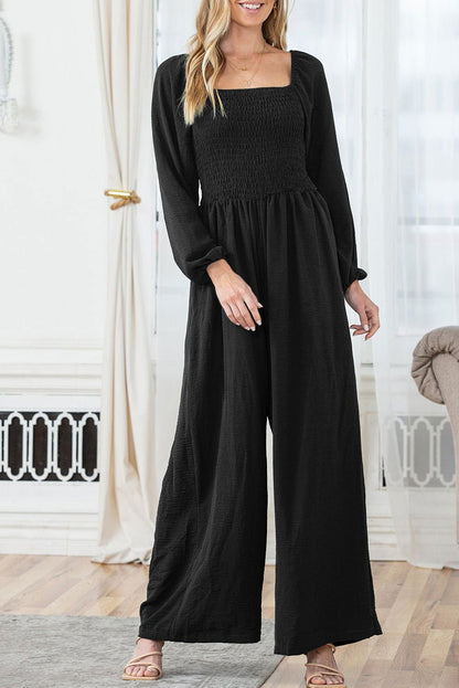 Black Smocked Square Neck Long Sleeve Wide Leg Jumpsuit - Vesteeto