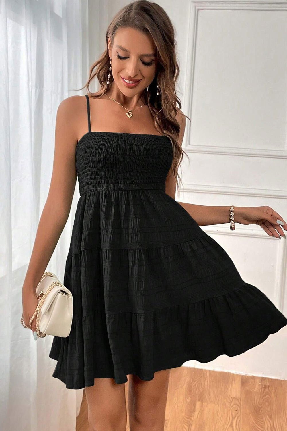 Black Smocked Textured Tiered Skater Cami Dress - Vesteeto