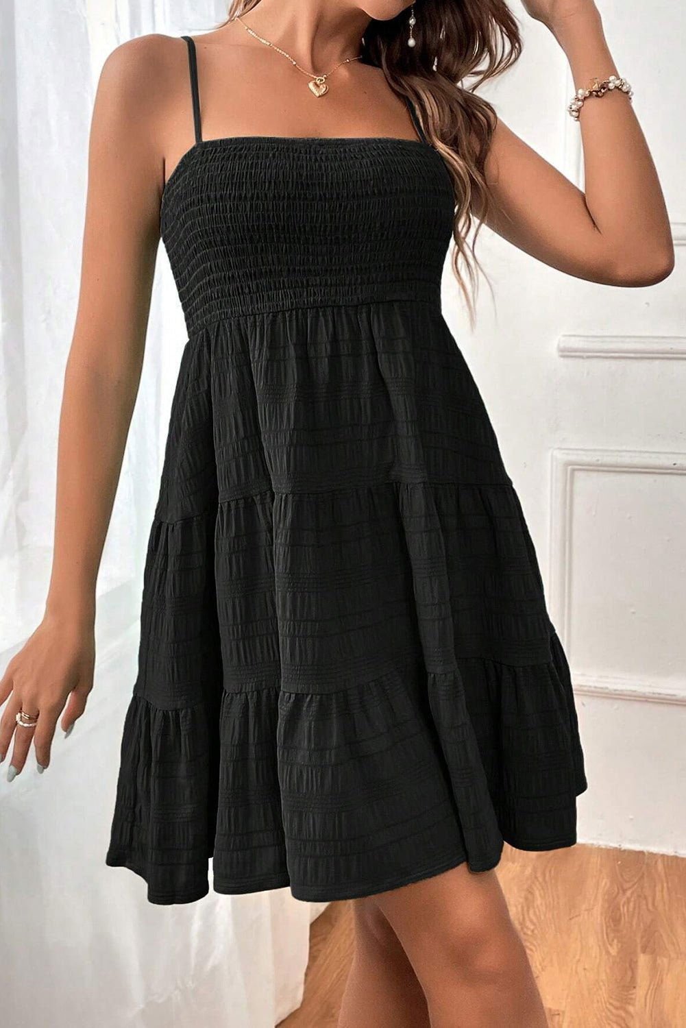 Black Smocked Textured Tiered Skater Cami Dress - Vesteeto