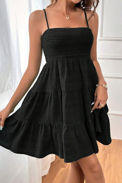 Black Smocked Textured Tiered Skater Cami Dress - Vesteeto