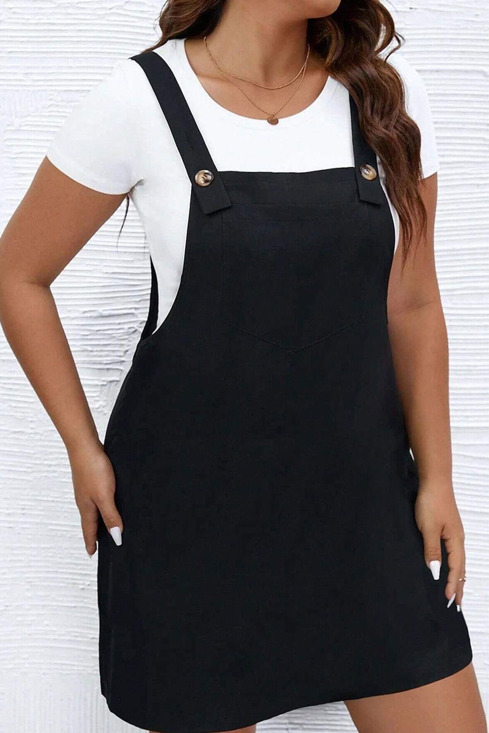 Black Solid Buttoned Straps Plus Size Overall Dress - Vesteeto