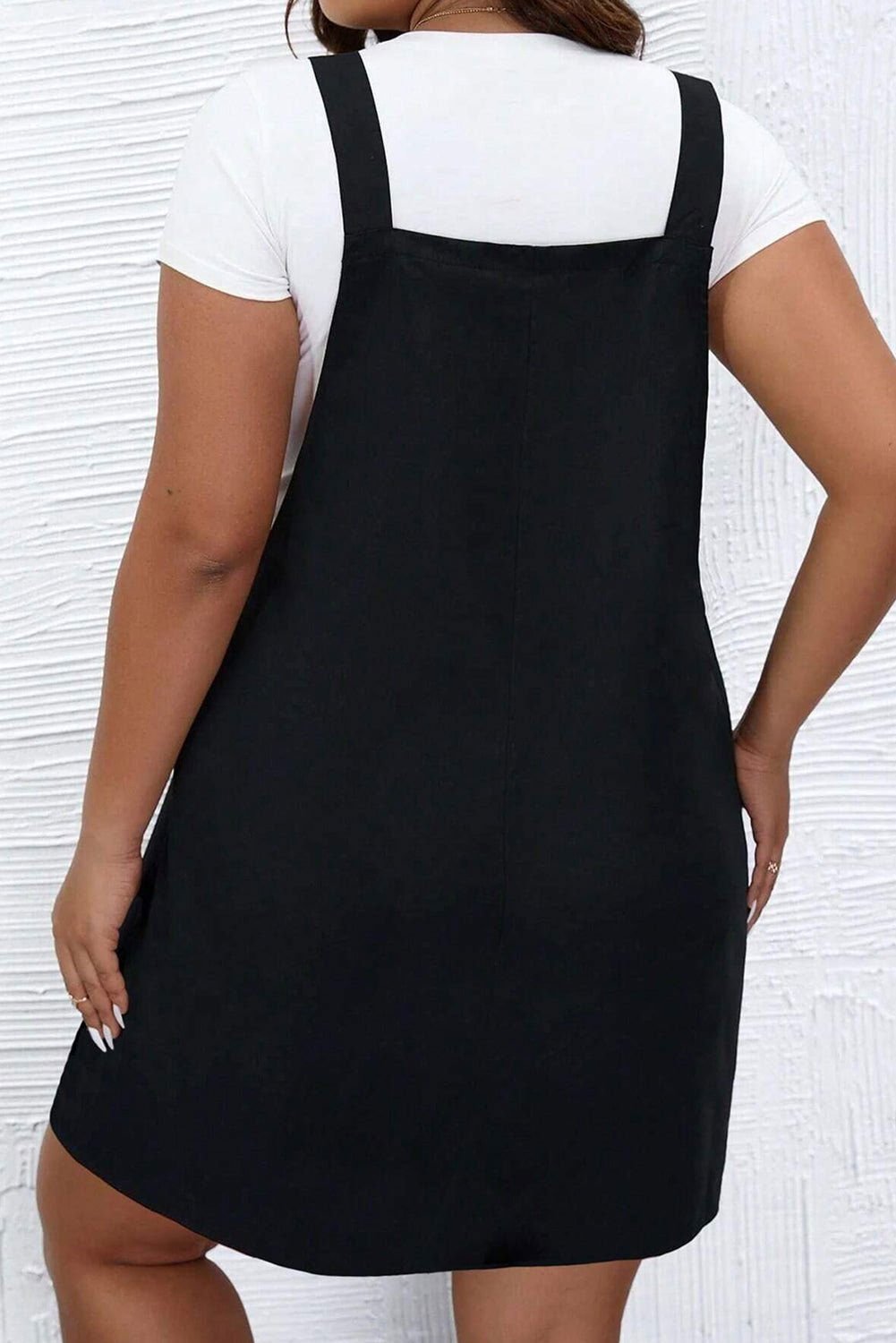 Black Solid Buttoned Straps Plus Size Overall Dress - Vesteeto