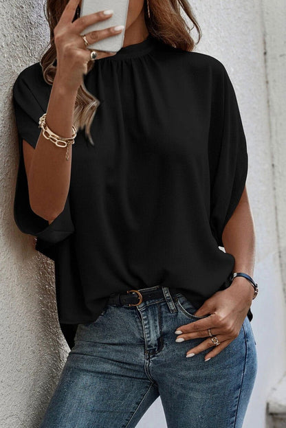 Black Solid Color Batwing Sleeve Knotted Blouse - Vesteeto