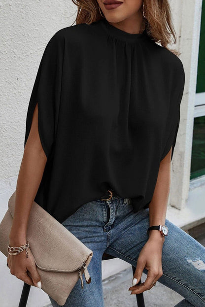 Black Solid Color Batwing Sleeve Knotted Blouse - Vesteeto