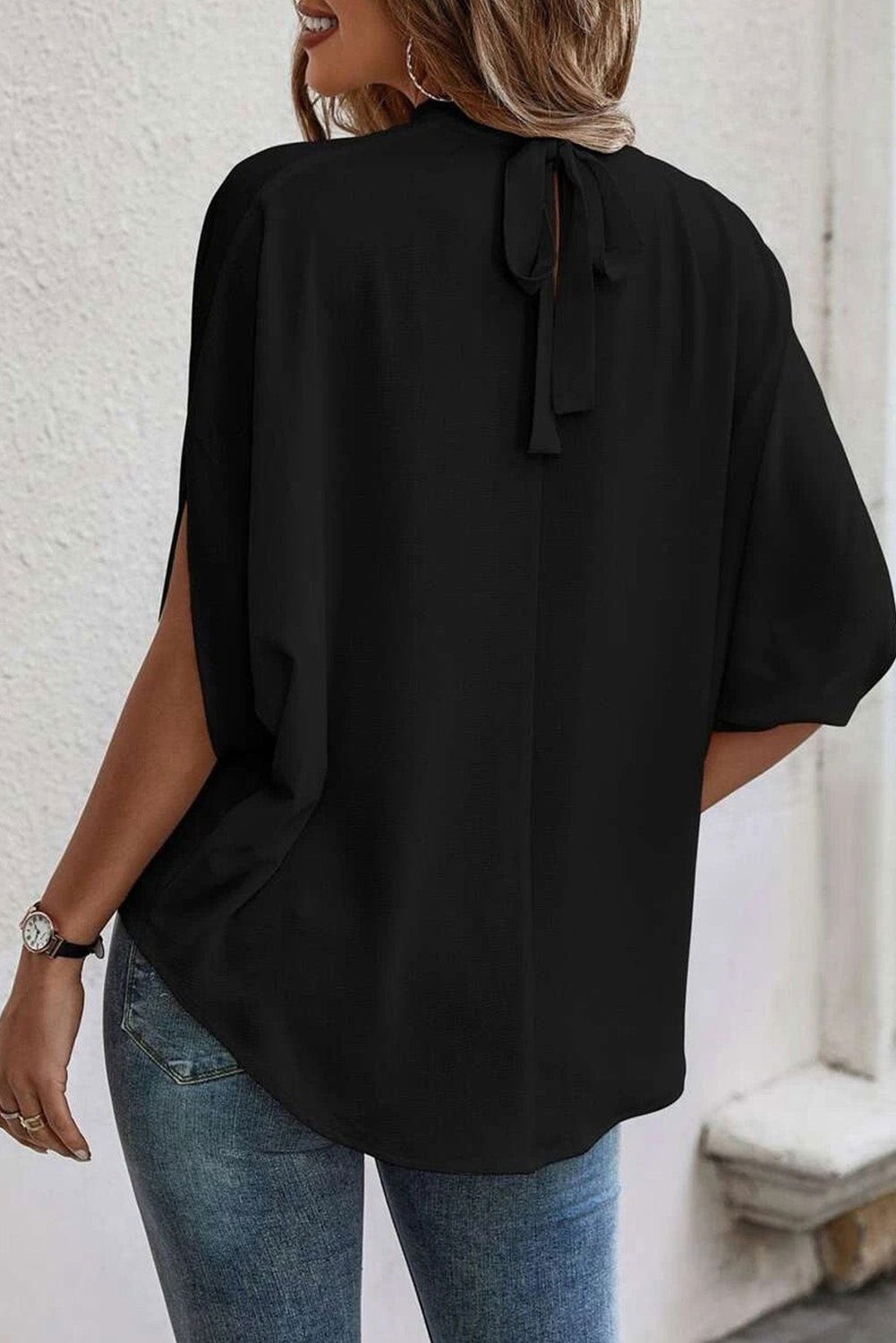 Black Solid Color Batwing Sleeve Knotted Blouse - Vesteeto