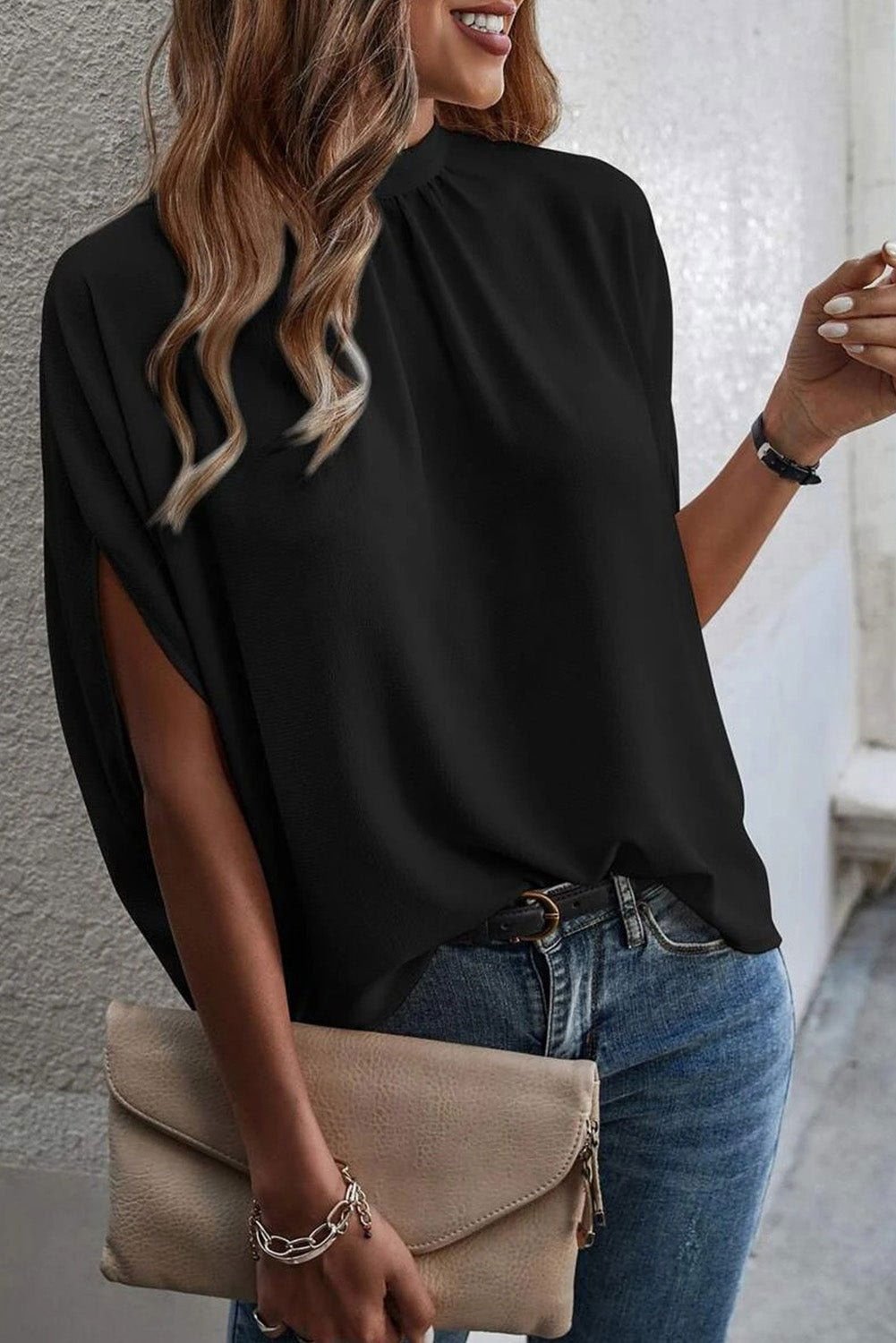 Black Solid Color Batwing Sleeve Knotted Blouse - Vesteeto