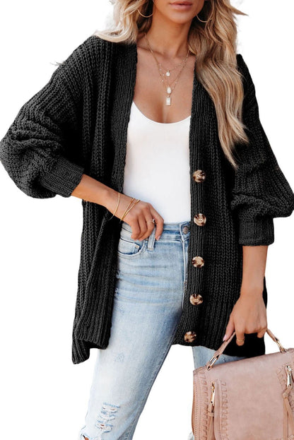 Black Solid Color Buttoned Down Casual Knitted Cardigan - Vesteeto