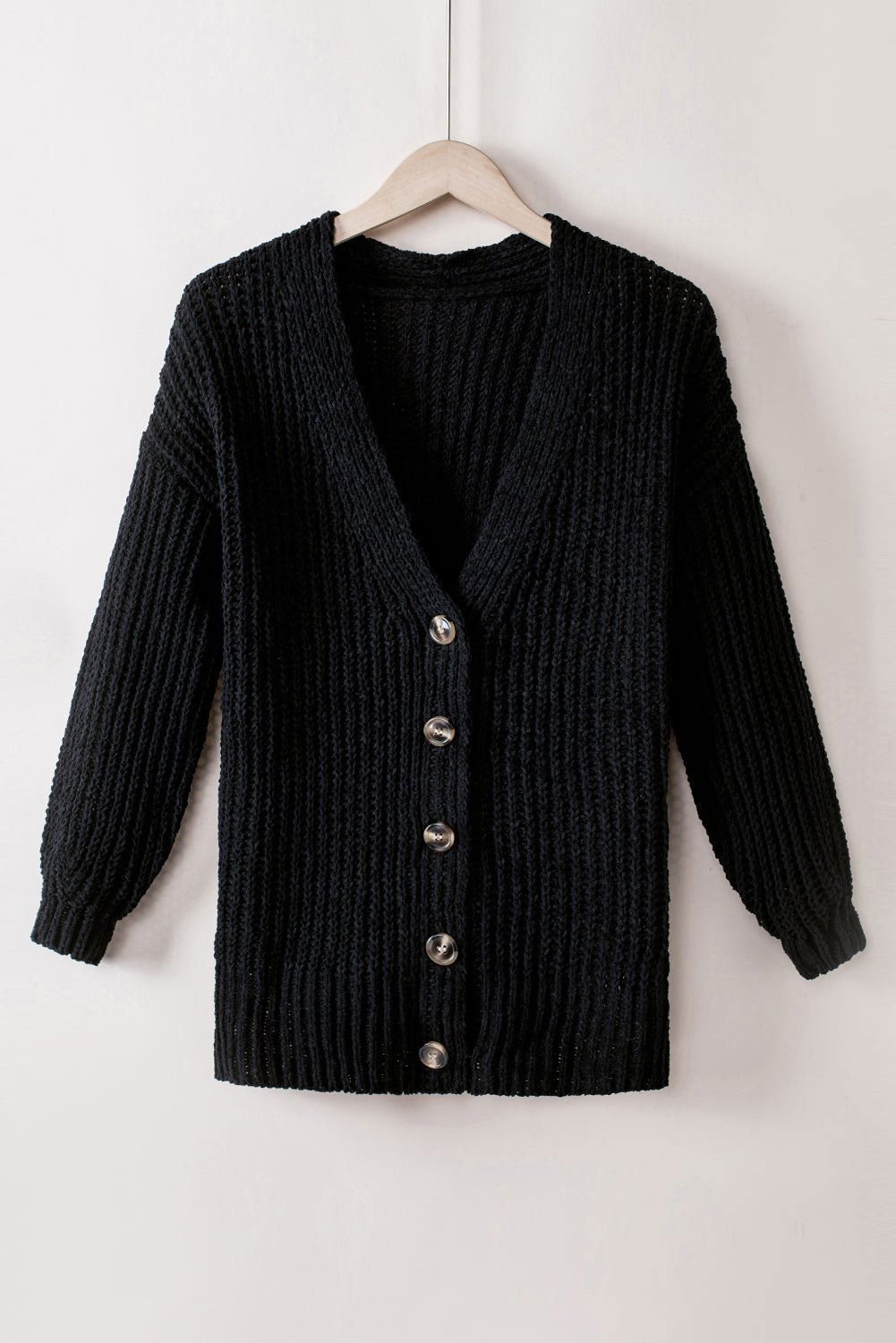 Black Solid Color Buttoned Down Casual Knitted Cardigan - Vesteeto